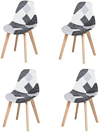 HJhomeheart Lot de 4 Chaises de Salle à Manger, Chaise de Salle à Manger Patchwork Multicolore, Chaise en Tissu avec Pieds en Bois Massif pour Salle à Manger, Salon (Gris, Noir et Blanc)