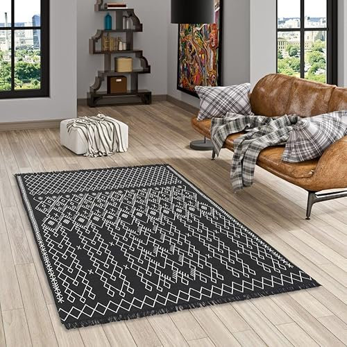 Pergamon Designer Teppich Beidseitig Flachgewebe Ethno Kelim Schwarz Weiss, Teppich Läufer, Teppich Pflegeleicht und Waschbar in 5 Größen