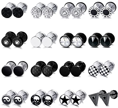 16Paare Ohrringe Herren Ohrstecker Schwarz Edelstahl Ohrringe Männer Silber Hypoallergen Piercing Ohr Schwarz Fake Plugs Tunnel Piercings Faux Gauges Herrenohrringe Set
