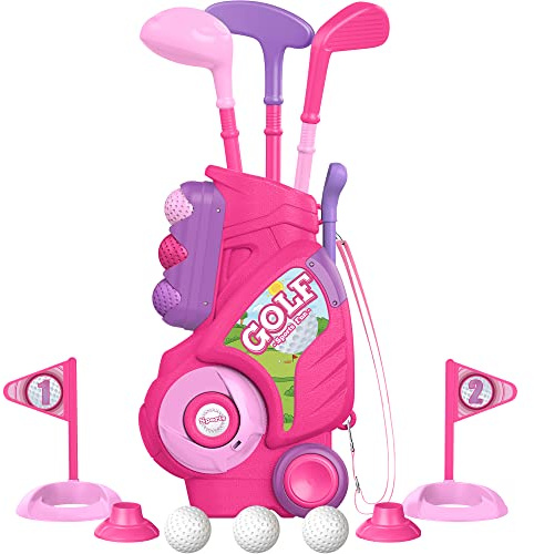 Liberry Toddler Golf Set for 1 2 3 4 Years Old, Upgraded Kids Golf Cart with Unique Shoulder Strap Design, Indoor and Outdoor Golf Toys for Boys Girls (Pink)
