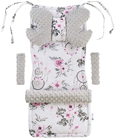 Medi Partners Universal Sitzauflage Kinderwagen & Buggys Sitzeinglage Kinderwagendecke 5tgl Gurtpolster + Spielbogen Kinderwagenset MINKY Baumwolle (Traumfänger und Blument mit grauen Minky)