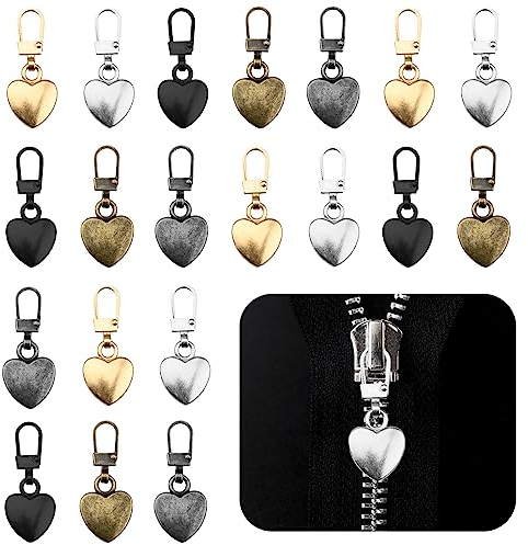Bekecidi 20 Pezzi Ricambio con Cerniera, Chiusura Lampo Staccabile, Chiusura Lampo in Metallo Riparazione Cerniera e Linguetta di Tiro Kit di Scorrimento di Ricambio per Cappotto Giacca Borse (Cuore)