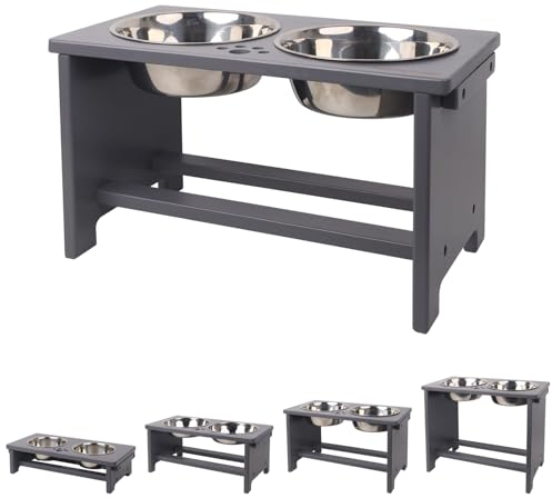 Raised Dog Bowls for Large Dogs, Dog Bowls With Stand, Dog Bowl Stand Bamboo with 2 Stainless Steel bowls by Nothing burger(Grey)