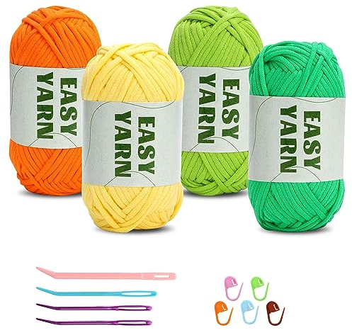 4 X 50g Häkelgarn Baumwolle Chenille Wolle Zum Häkeln Easy Crochet Yarn Dicke Wolle zum Häkeln gut Sichtbare Maschen, Wolle zum Häkeln Dickes Garn Baumwoll-Nylon(Orange + Gelb + Hellgrün + Dunkelgrün)