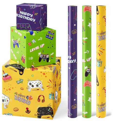 WERNNSAI Gaming Wrapping Paper - 3 Rolls 43 x 305cm Birthday Wrapping Paper Kids Boys Gift Wrap Green Yellow Birthday Wrap Paper with Cutting Lines
