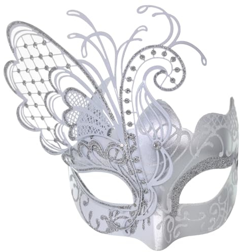 Ubauta Various Butterfly Rhinestone Metal Venetian Women Mask for Masquerade/Mardi Gras Party/Sexy Costume Ball/Wedding (Silvery White Butterfly)
