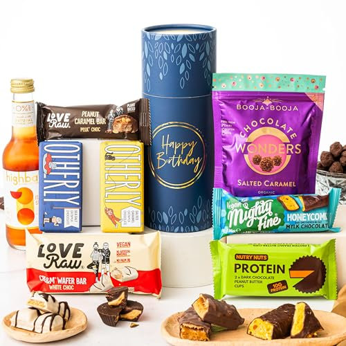 Happy Birthday Gluten Free Chocolate Letterbox Gift Tube with Truffles & Hot Chocolate, Luxury Gourmet Gifts for Women, Men, Couples by EDEN & CO - Plus Non-Alcoholic Mocktail