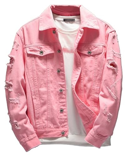SWJGLITTR Giacca in denim invecchiato con bottoni da uomo strappato Slim Trucker Jean Giacche Casual Cowboy Cut Biker Cappotti, Rosa, Medium