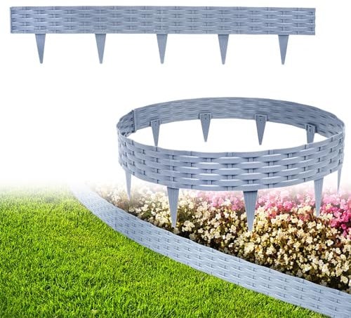 XMTECH 40m Rasenkante Beeteinfassung Gartenpalisade in Rattan-Optik, Beetumrandung Mähkante Randsteine aus Kunststoff mit 40 Elemente á 100 cm, Grau