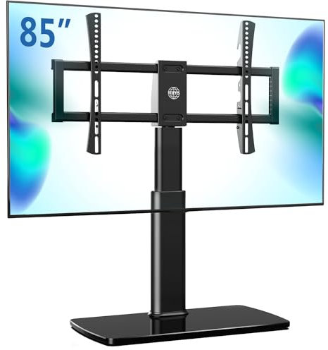 FITUEYES Universal TV Stand for 43-85 Inch TVs up to 50kg, Swivel & Height Adjustable Table Top TV Stand, TV Base Stand with Tempered Glass Base Max VESA 600x400mm