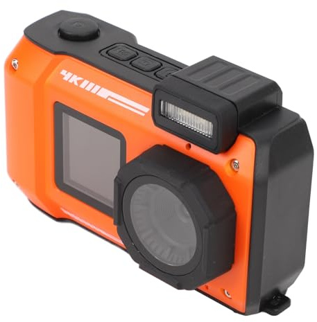Sxhlseller 4K Unterwasserkamera Pro – 33 Fuß Tiefe, wasserdichte Kamera mit 2,88 Zoll und 1,44 Zoll Doppelbildschirm, Multifunktionale Digitalkamera für Wassersport (ORANGE)