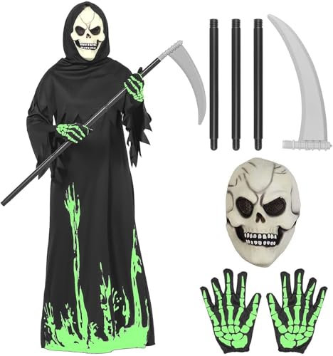Tosekry Deguisement Halloween Enfant Deguisement Halloween Garcon, Costume Halloween Enfant avec Combinaison Phosphorescente, Masque en Latex Phosphorescent, Gants et Faucille (9-10 ans)