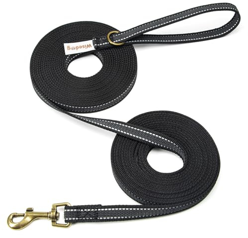 Wisedog Schleppleine für Hunde mit Reflektierenden Streifen Schwarz 15m | Hochwertiges Nylon- & Latex-Material, griffig bei Nässe, Reflektorstreifen, 360°-Karabiner, O-Ring, robust