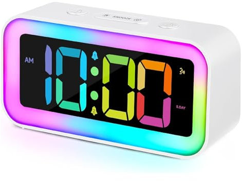 Euakee Lauter Wecker für Schlafzimmer mit RGB-Nachtlicht, schwere Schläfer Erwachsene, Doppelalarm, Dimmer, USB-Ladegerät, kleine Nachttisch-Digitaluhr mit Led-Anzeige für Teenager (Weiß)
