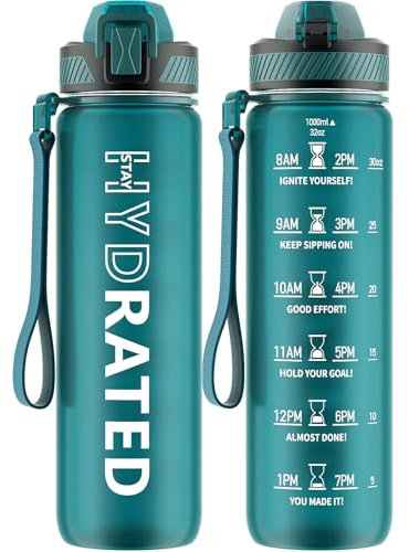 QLUR Botella de agua, 1 L, sin BPA, botella de agua tritán con pajita, botella deportiva a prueba de fugas con marcador de tiempo y cepillo, botella deportiva para fitness, yoga, lago verde (1 botella