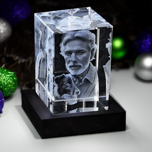 contento 3D Glasfoto Gravur | mit LED Beleuchtung | Kristallfoto in 3D | 2 Personen/Tiere | personalisiertes Geschenk für Hochzeits, Geburtstag, Weihnachten | Größe S hoch inkl. Leuchtsockel