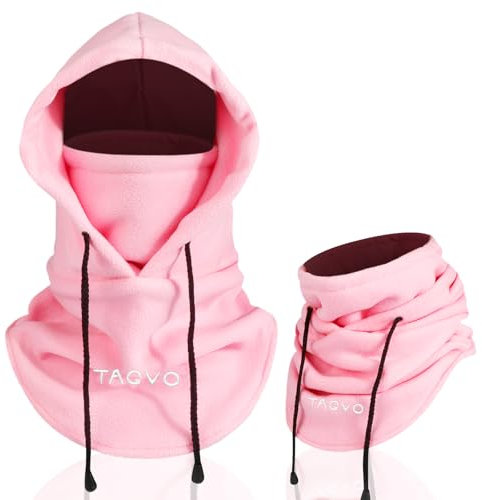 TAGVO Winter Thermal Fleece Balaclavas, Soft & Warm Adjustable Hood Hat Skiing Face Cover Face Mask Neck Warmer Snood Neck Gaiter for Running Skiing Cycling Motorbikes Hiking- Men & Women Pink