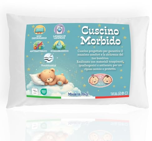 Tex family Kissen für Kinderbett, 40 x 60 cm, atmungsaktiv, hypoallergen, milbendicht, Baumwolle, 100 % Made in Italy, weich und sicher für Babys