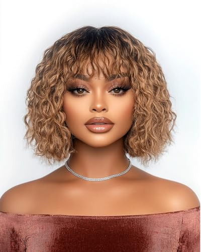 Short Curly Human with Bangs Brazilian Virgin Human None Front for Women Machine Made Black 10Inch