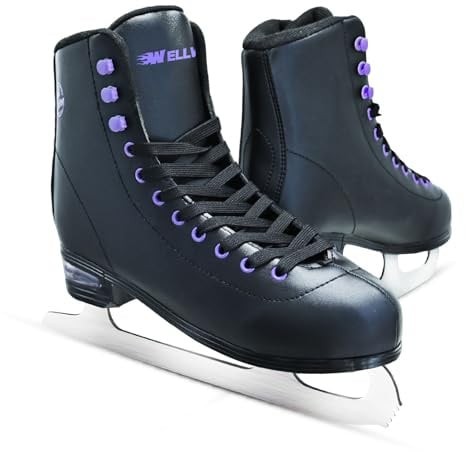 WELLWON Ice Skates for Women, Adult Figure Skates with Air Cushion, Classic Black Figure Skating Shoes Size 8.5 with Velvety Lining for Indoor& Outdoor