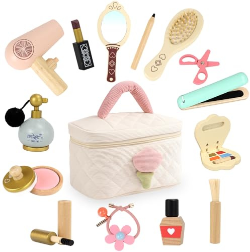15-teiliges Holz Schminkset für Kinder, Holzschminke Spielset Mädchen, Kinder Schminkkoffer Set, Makeup Spielzeug Rollenspiel Beauty Set, Weihnachten Geburtstags Geschenk für Mädchen ab 3 4 5 6 Jahre