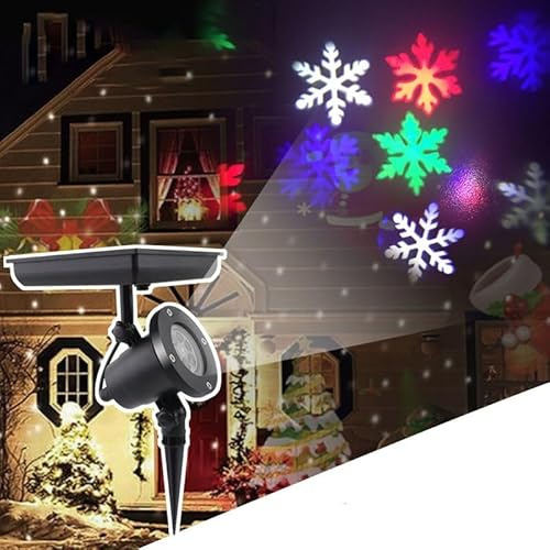 OUHKDM Projecteur solaire de flocons neige pour Noël, éclairage extérieur, étanche IP65, motifs variés, LED 4 W, panneau solaire 6 W, idéal pour décorer votre jardin ou votre maison(Colorful)