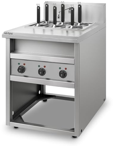 VERTES Gastro Nudelkocher mit Stand Pastakocher aus Edelstahl, Elektrisch, 3x 1700 Watt, 3 separate Kochbecken zu je 14 Liter, 6 Nudel-Körbe, 3x Ablasshahn, 3x Temperatureinstellung