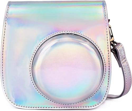 Leebotree Caméra Housse Compatible avec Appareil Photo Instantanés Instax Mini 12 11, Pochette Caméra Sacoche Rangement Protection Cuir PU Lisse avec Bandoulière et Poche Intégrée (Argent Magique)