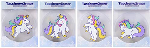 4 Stück Taschenwärmer Handwärmer in Verschiedenen Motiven im Design Pinguin, Wintermotive, Lebkuchenmännchen, Wärmflaschen, Einhörner, Schneemänner, Igel, Herzen, Weihanchtsmotive (Einhörner)