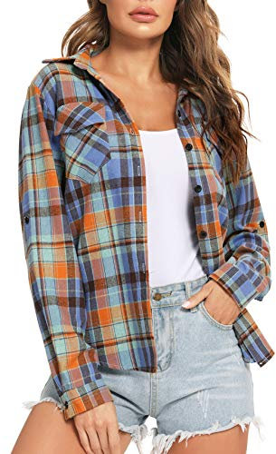 Enjoyoself Chemisier Carreaux Femme 100% Coton Chemise Bucheron Western Décontractée Classique Retro Ecossaise Coton Flanelle Blouse Gilet T Shirt Casual Vintage,Bleu Orange Vert,XL