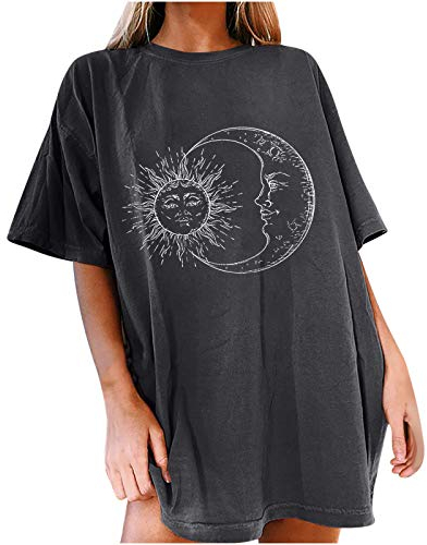 Komiseup Oberteile Damen Oversized T-Shirt Sonne Mond Motiv Sportshirt Kurzarm Sport Oberteile Vintage Sweatshirt Rundhals Oberteile Teenager Mädchen Best Friends Lang Top Longshirt