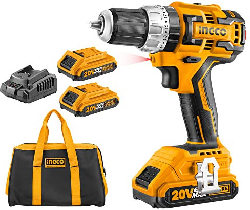INGCO Brushless Impact Drill Set 531 in-lbs Lithium-Ion Electric Drill Tools with 2Pcs 2.0Ah Batteries and 1Pcs Fast Charger CIDLI20608-8