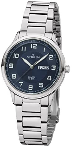 Atrium Herren-Armbanduhr Edelstahl Analog Quarz 10 bar mit Edelstahl Armband und Wochentag Datum Anzeige Silberfarben A39-35