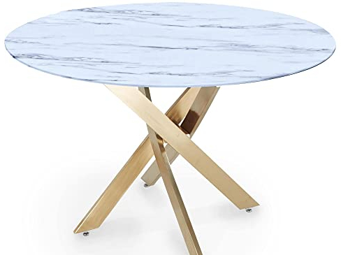 Table à Manger Ronde Design Verre marbré et Pieds dorés 4 Personnes Melissa