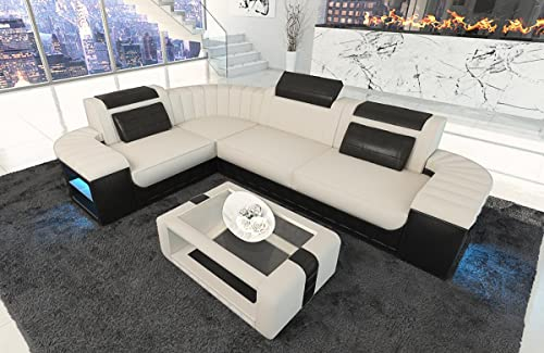 Sofa Bergamo L Form Stoffsofa Couch - mit LED Beleuchtung, verstellbare Kopfstützen, Recamiere/Mikrofaser/Ausrichtung wählbar (Ecke Links, Elfenbein-Schwarz C86)