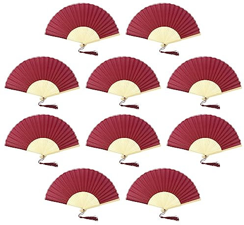 FANSOF.FANS Pack of 10 Fabric Handheld Fan with a Tassel Grade A Bamboo Ribs Party wedding Favour (Dark Red, Maroon)