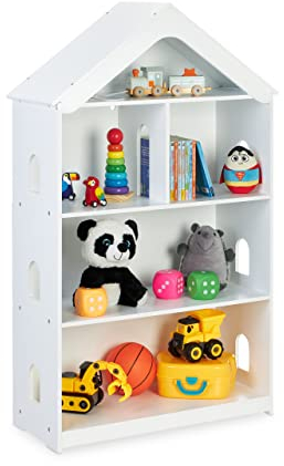 Relaxdays Kinderregal, Hausform, 5 Fächer, hoch, für Bücher & Spielzeug, HxBxT: 122x71x31 cm, Kinderzimmerregal, weiß