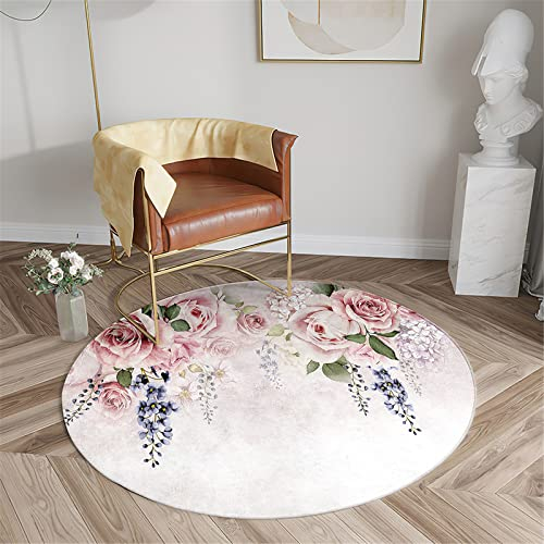 Chickwin Teppich für Wohnzimmer Rund, Rose Blume Muster rutschfeste Teppiche Flanell Flauschig Weich Moderne Fußmatte für Schlafzimmer Kinderzimmer (Grüne Blätter,Durchmesser 120cm)
