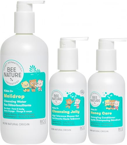 Bee Nature - Gel Douche Bio Enfant 200ml - Shampoing Honey Mousse 200ml - Eau Nettoyante Sans Rinçage 500ml - 100% Biodégradable et Recyclable.