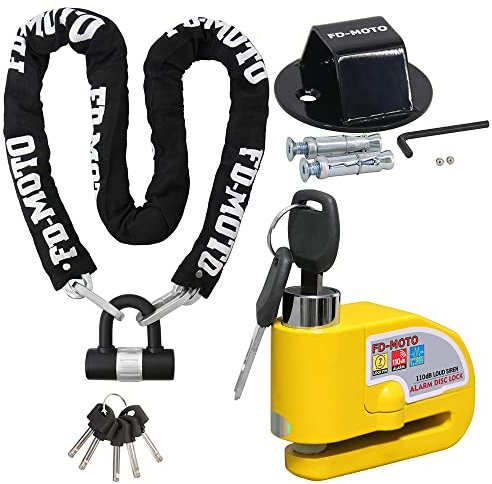 FD-MOTO 3.4KG Anti-Theft 1.5M*10mm Chain Lock Padlock + Alarm Brake Disc Lock Yellow + Ground Wall Anchor Heavy Duty for Motorbike Motorcycle Scooter Bike Bicycle ATV