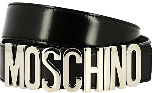 Moschino Schwarzer Gürtel Lack Logo groß Silber tg 48, Schwarz , 42