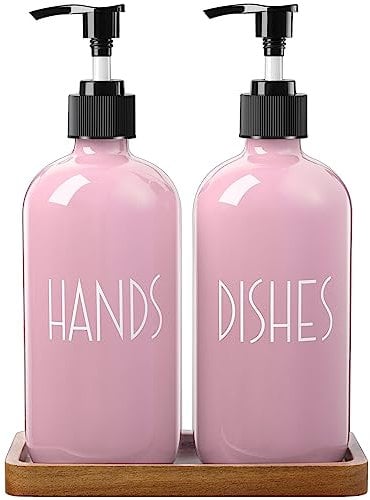ALELION Dish Soap Dispenser for Kitchen - 16 OZ Glass Hand Soap Dispenser Set with Acacia Wood Tray - Pink Kitchen Bathroom Decor and Accessories