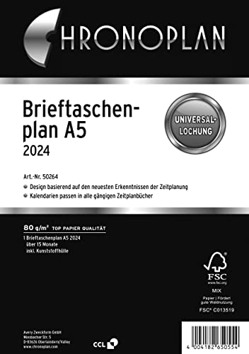 Chronoplan 50264 Kalendereinlage 2024 (Brieftaschenplan A5 (156x210mm) Ersatzkalendarium für Terminplaner, Monatsplaner für 15 Monate, 1 Monat auf 1 Seite zum Aufklappen, mit Universallochung) weiß