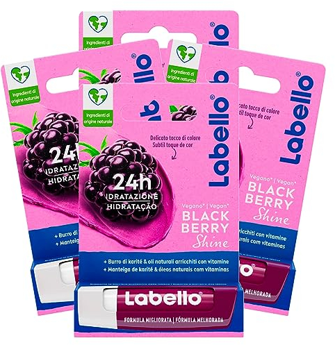 Labello Blackberry Shine Lippenbalsam, farbig, mit dem Duft von Brombeeren Lippenbalsam, feuchtigkeitsspendend, 24 Stunden, mit natürlichen Inhaltsstoffen und Sheabutter – 4 Stäbchen