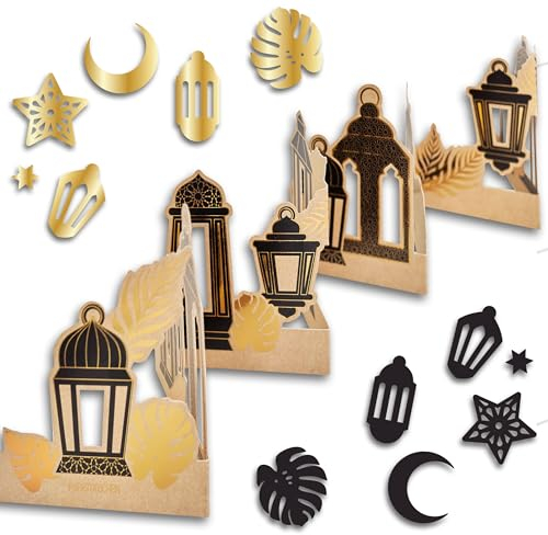 Papierdrachen Ramadan Tischdekoration - Tischgirlande zum Aufstellen - mit edlem Motiv Laternen schwarz Gold und inklusive Tischkonfetti - goldfoliert - Eid Mubarak - Zuckerfest