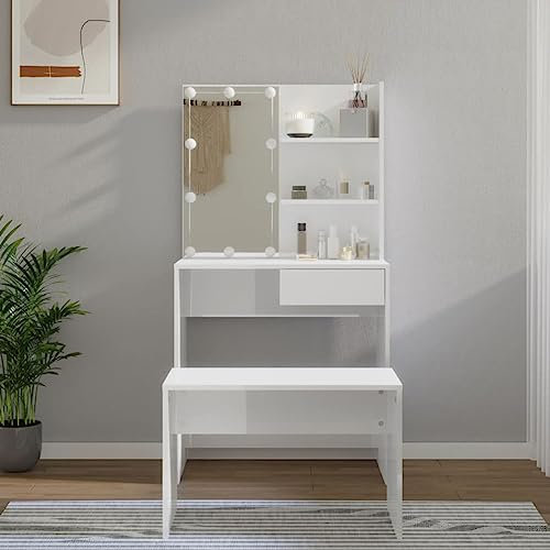 CIADAZ Schminktisch-Set mit LED, Schminken Tisch, Frisiertisch, Kosmetiktisch, Schminkkommode, Make Up Tisch, Schmink Tisch, Hochglanz-Weiß Holzwerkstoff