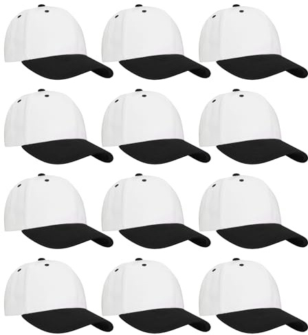 Falari Großhandel Bulk Lot 12-Pack Baseball Cap Einstellbare Größe Plain Blank Solid Color, Weiß/Schwarz, Einheitsgr��e