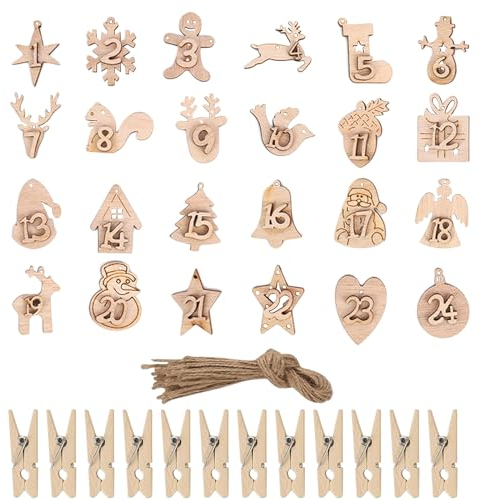 Adventskalender Zahlen Holz, 24 Stück weihnachtsbasteln Holzanhänger Adventskalender Verzierung, 1-24 Weihnachten Countdown Zahlen Geschenkanhänger mit Holzklammern (B)