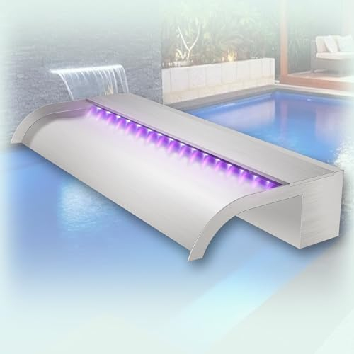 Longrun 60cm Teich Wasserfall Klingen Set, 304 Edelstahl Gebogener Wasserfall mit 7 Farben Bluetooth LED und Fernbedienung, Breite 25.5cm