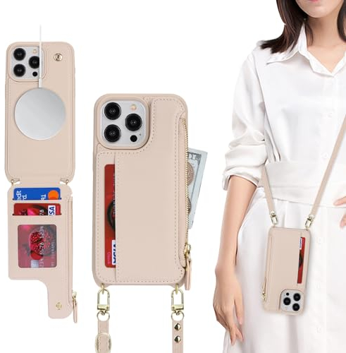 SailorTech for iPhone 12/12 Pro Case with Credit Card Holder magsafe, iPhone 12/12 Pro Phone Leather Case Wallet for Men Crossbody with mag safe Zipper Shockproof Case for Women - Beige